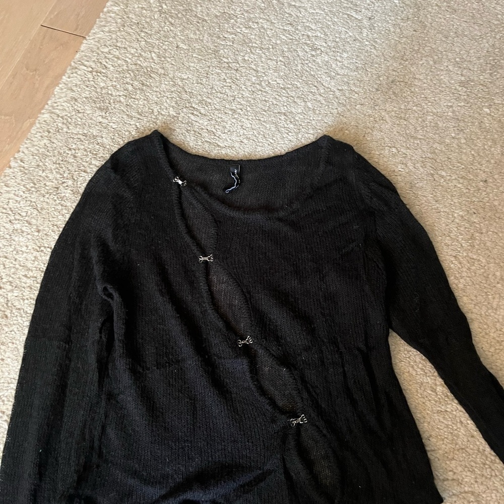 Black Knit Sweater with Unique Clasp Design